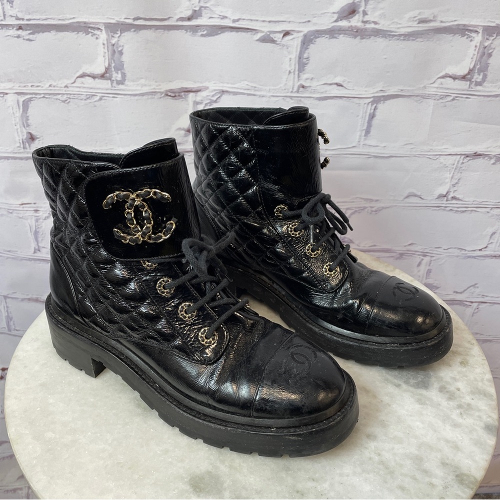 Chanel Quilted Patent Leather Boots